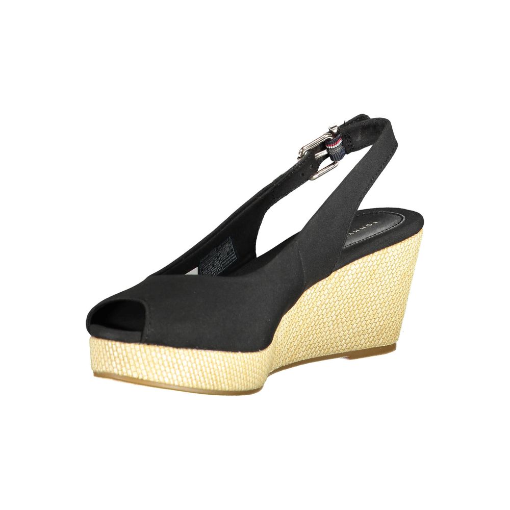 Tommy Hilfiger Women's Polyester Polyethylene Leather & Cotton Mid-Heel Sandals - Black Signature