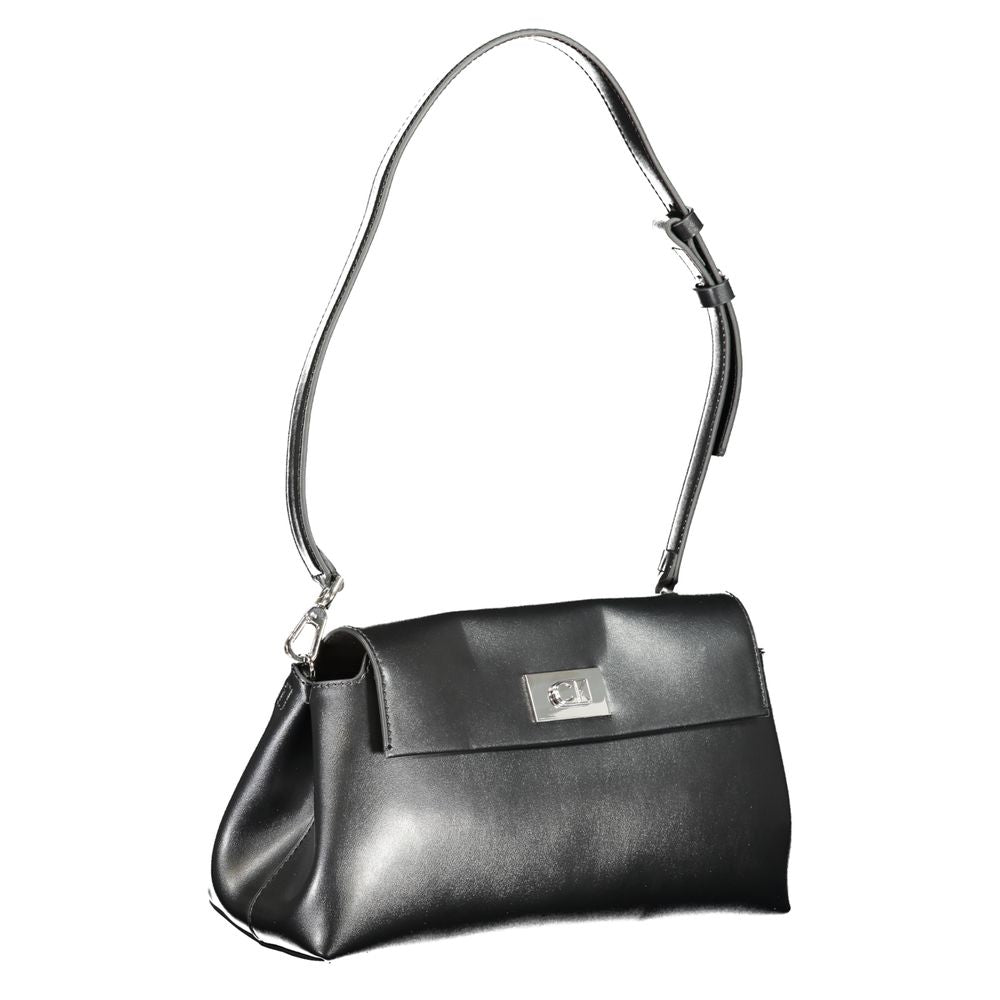 Shoulder Convertible Handbag by Calvin Klein for women in polyester faux leather black features a polished silhouette with a secure snap, ample internal-pockets, and polished shoulder-strap & adjustable-strap for a sophisticated look.