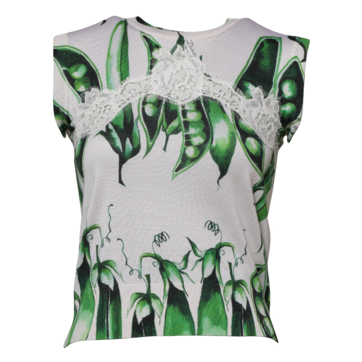 Dolce & Gabbana Women's Sleeveless Round Neck Cotton Viscose Nylon & Silk Blouse - Green White Print