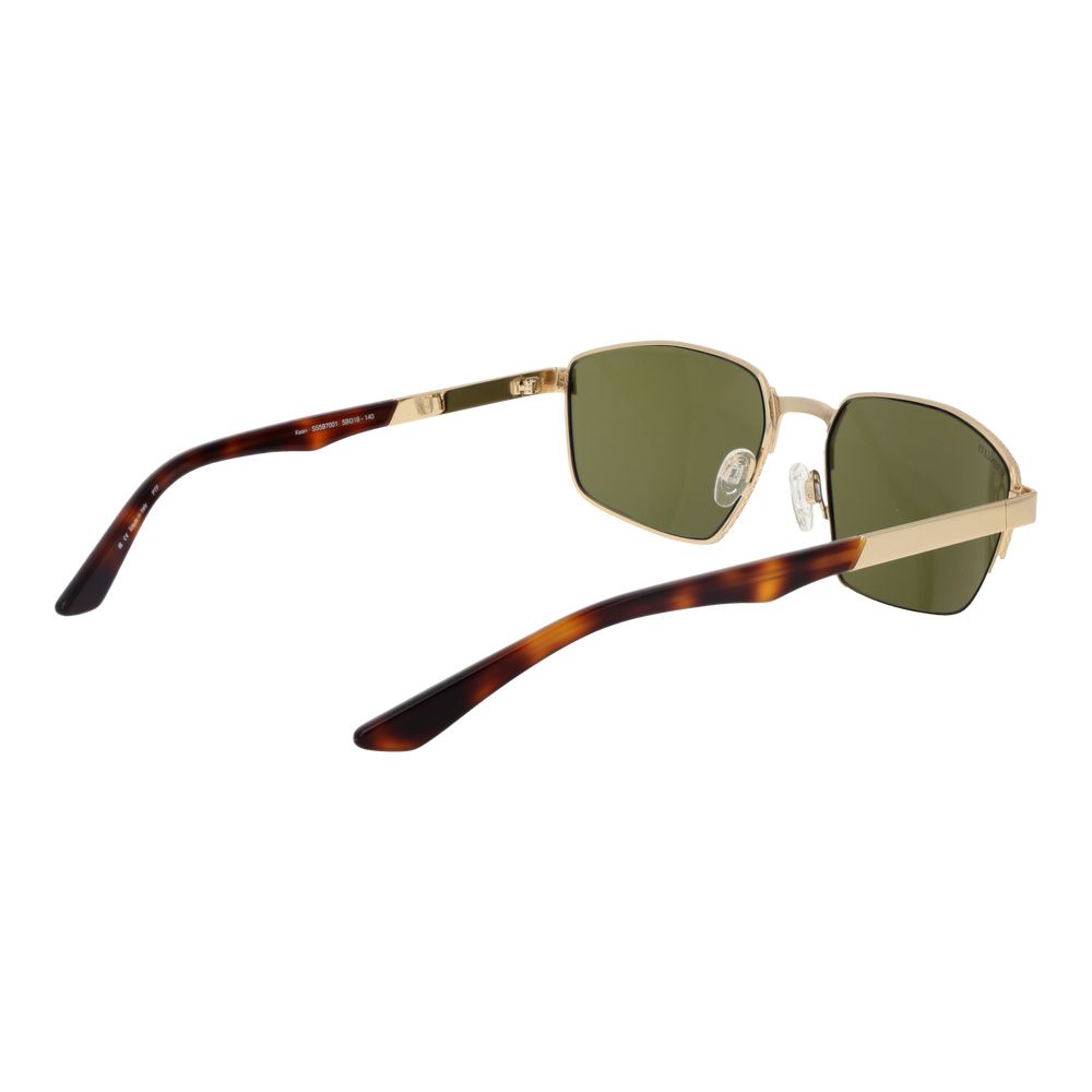 Sunglasses by Serengeti for men in metal gold showcases a ethereal silhouette, featuring gold coloured frame rectangle full-rim frame design with photochromatic polarized category-3-dark-tint lens for a ethereal finish.