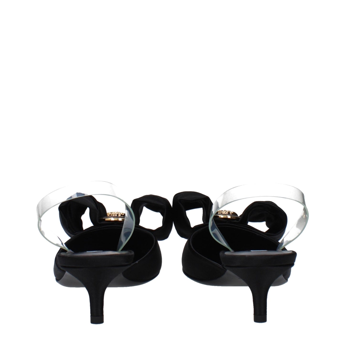 Mid-Heel Sandals by Versace for women in leather & satin black & transparent features an effortlessly chic silhouette from the Women's Leather & Satin Mid-Heel Sandals collection, showcasing a effortlessly chic 4-5-cm-heel mid-heel and elegant .