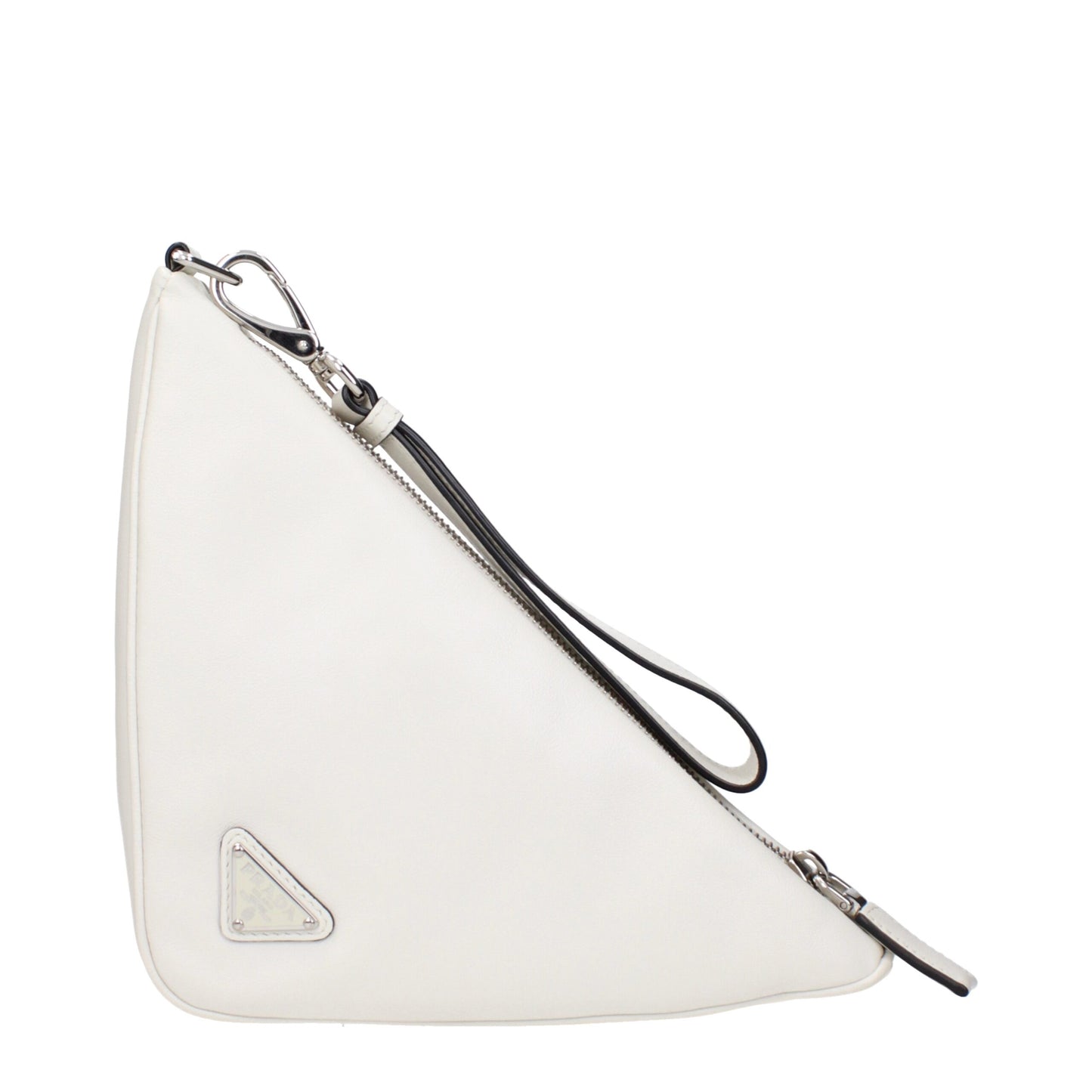 Small Clutch Handbag by Prada for women in leather white features a statuesque silhouette, showcasing a secure zipper and organized with versatile handle for statuesque evening wear.