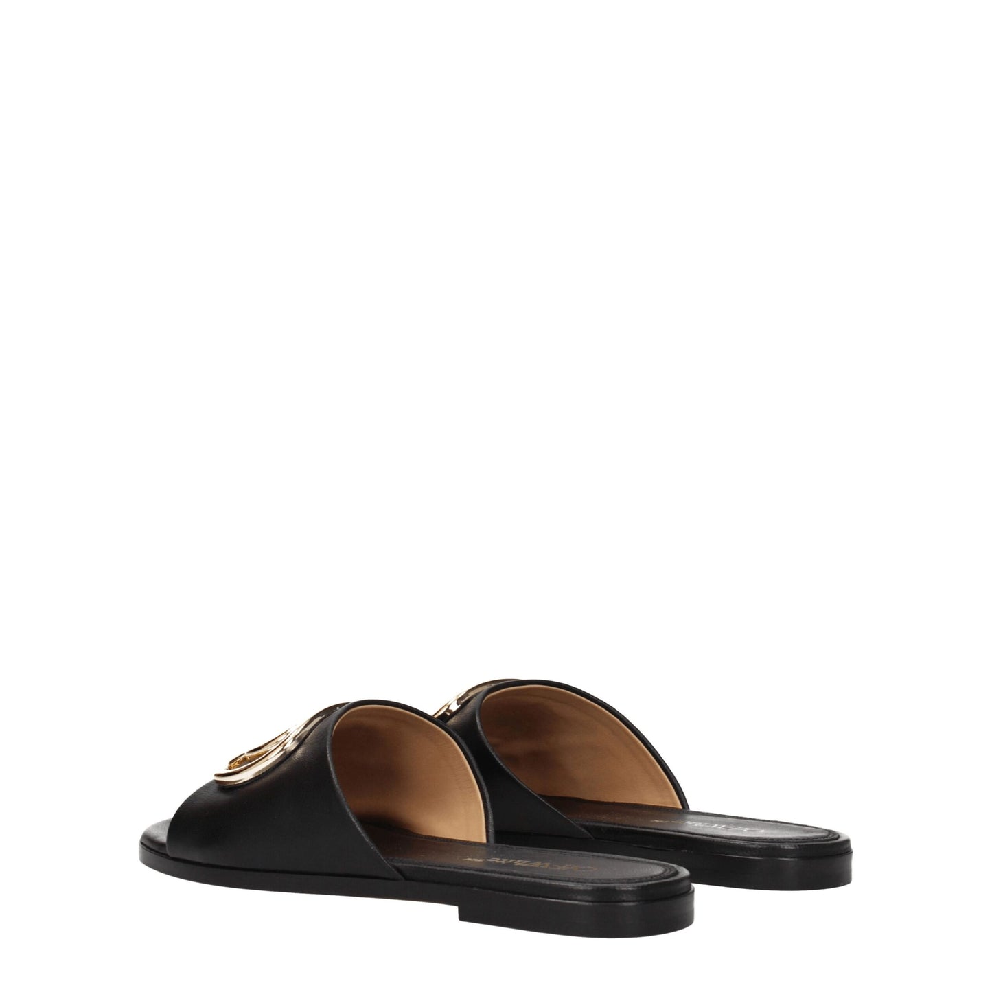 Flat Clogs Sandals by Off-White for women in leather black, gold & white features an exquisite silhouette, showcasing the exquisite Women's Leather Flat Clogs Sandals with a flat and open toe style.