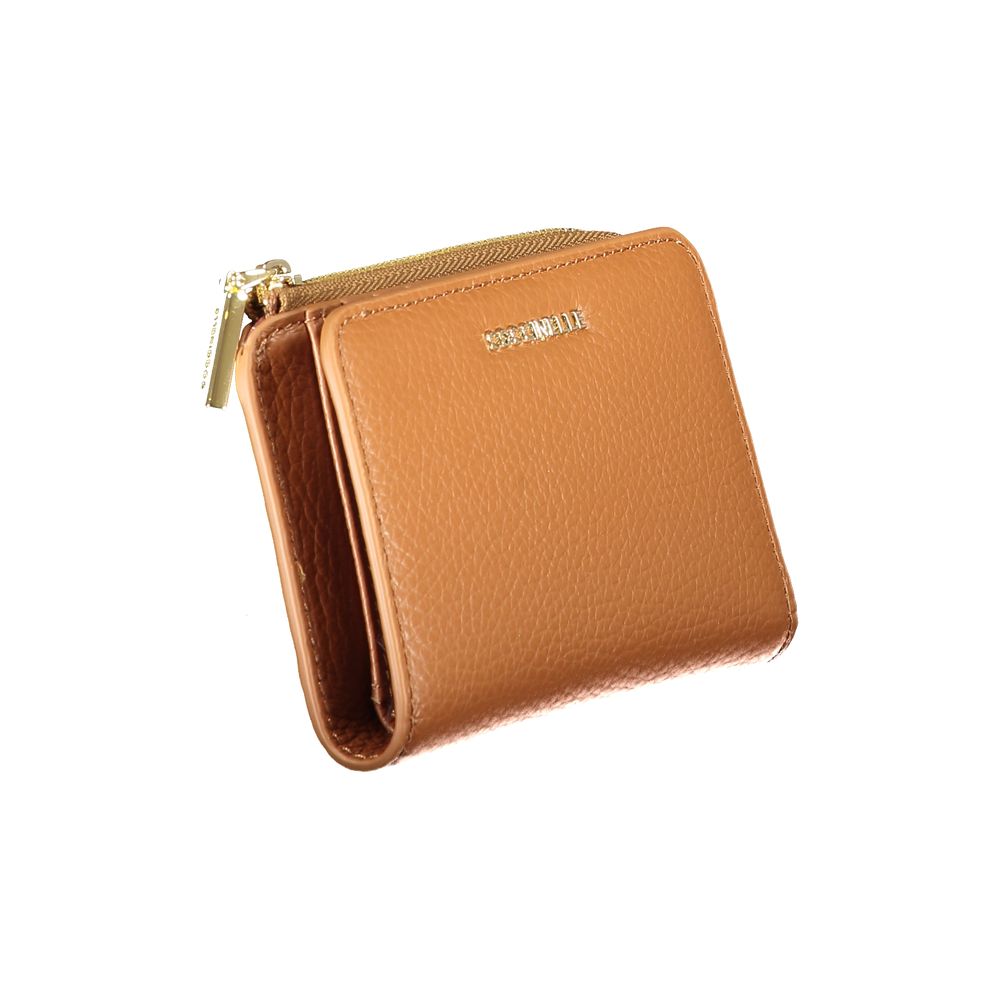 Wallet by Coccinelle for women in leather brown & signature features a streamlined silhouette, showcasing the streamlined Metallic Soft Leather Wallet design with sophisticated coin-purse for a premium look.
