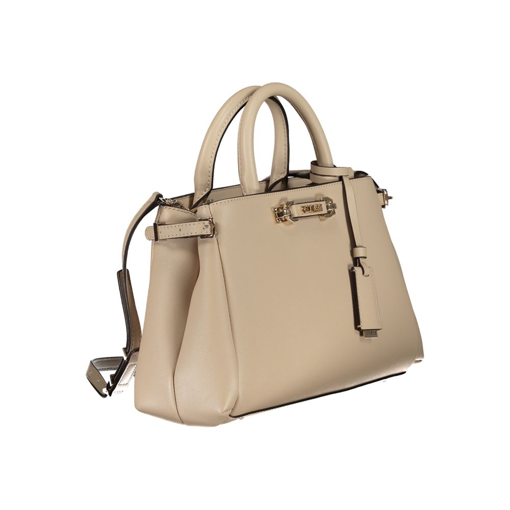 Compact Box Satchel Handbag by Guess Jeans for women in polyethylene & polyurethane beige & gold features a refined silhouette, showcasing a secure zipper & magnetic, organized built-in-compartments, and versatile shoulder-strap, handle & adjustable-strap for a refined finish.