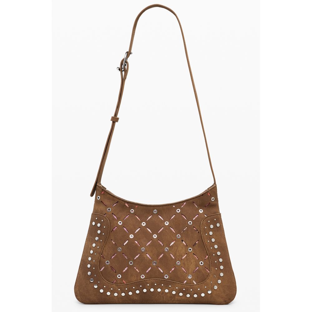 Medium Shoulder Handbag by Desigual for women in faux leather brown, floral & print features a signature silhouette, showcasing a secure zipper and signature with versatile shoulder-strap & handle for a sophisticated look.