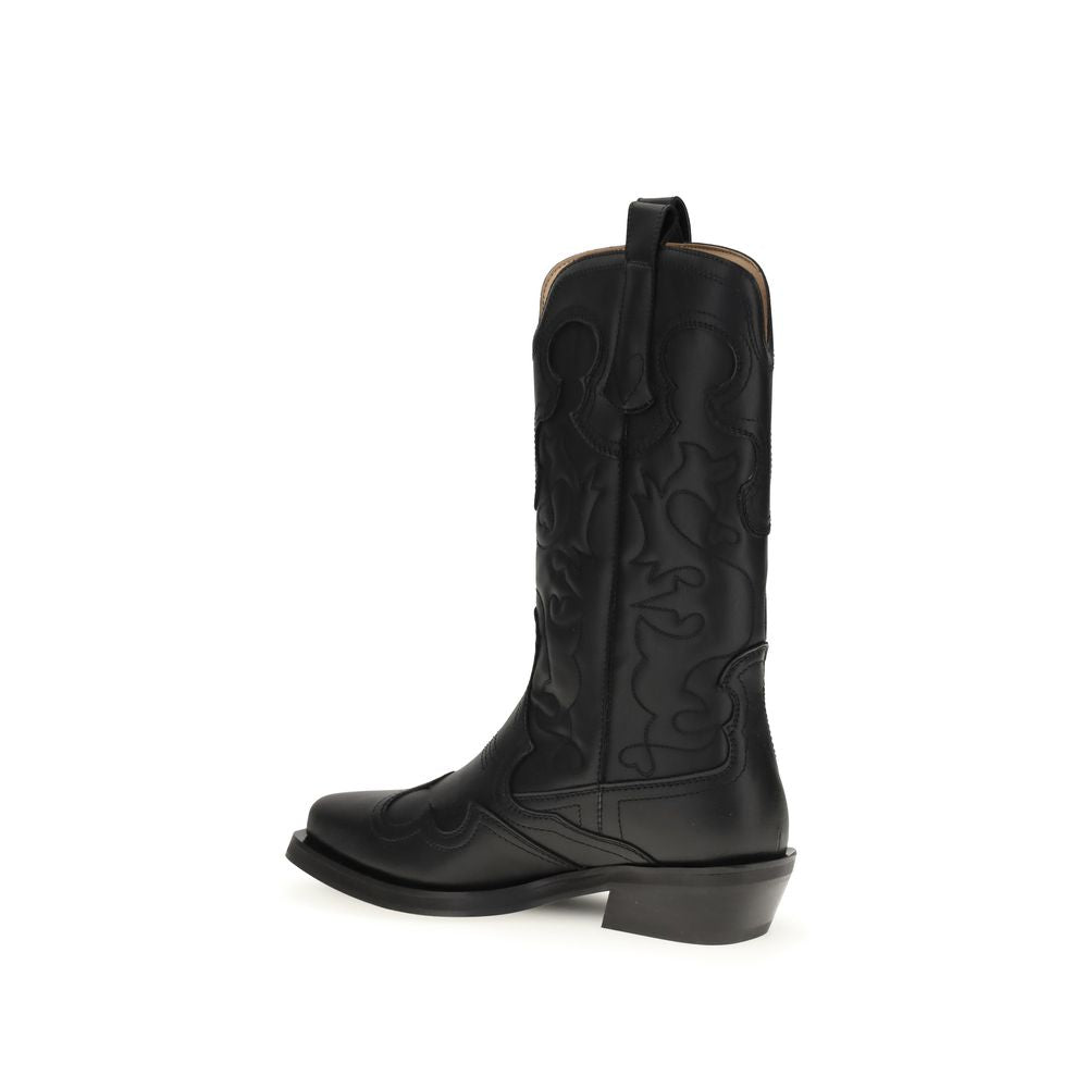 Cowboy Mid-Calf Boots by Ganni for women in polyester polyurethane & calf leather black showcases a ergonomic silhouette from the Women's Polyester Polyurethane & Calf Leather Cowboy Mid-Calf Boots collection, featuring a ergonomic and a ergonomic pointed toe style.