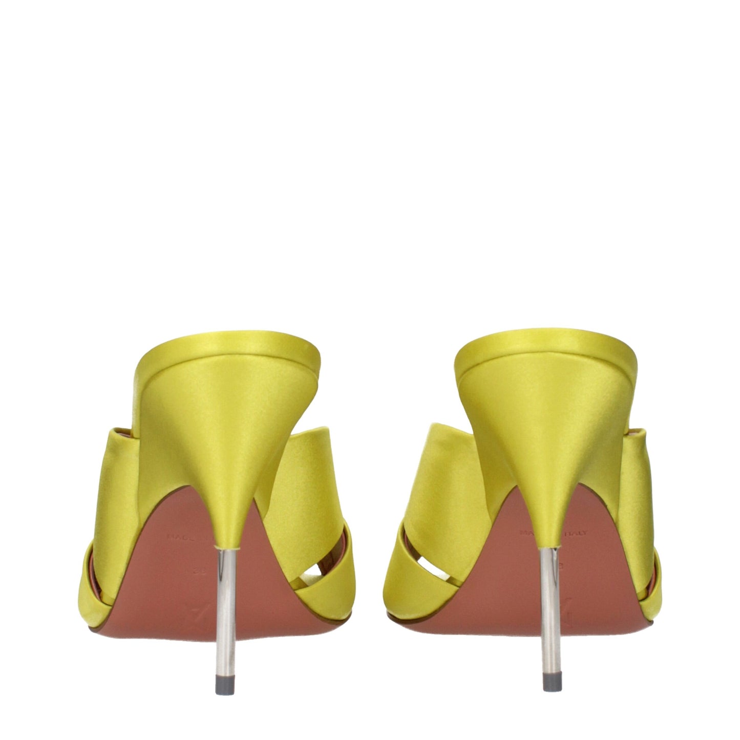 Stiletto Sandals by Amina Muaddi for women in satin green presents a sculptural silhouette, showcasing the Women's Satin Stiletto Sandals design with a sculptural stiletto and for a premium look.
