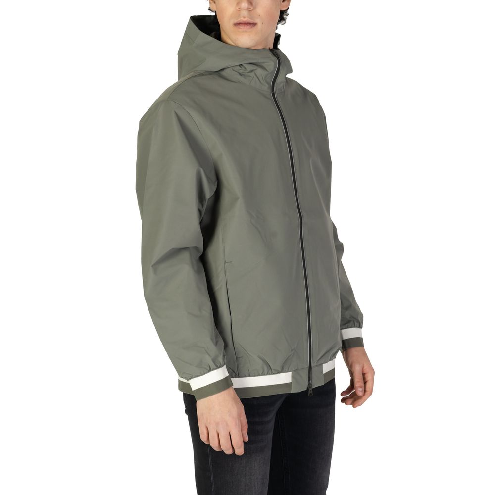 Hooded Windbreaker Jacket by Replay for men in polyester green presents a resilient silhouette, artfully detailed with a sophisticated and functional pockets, hooded & windproof for a resilient finish.