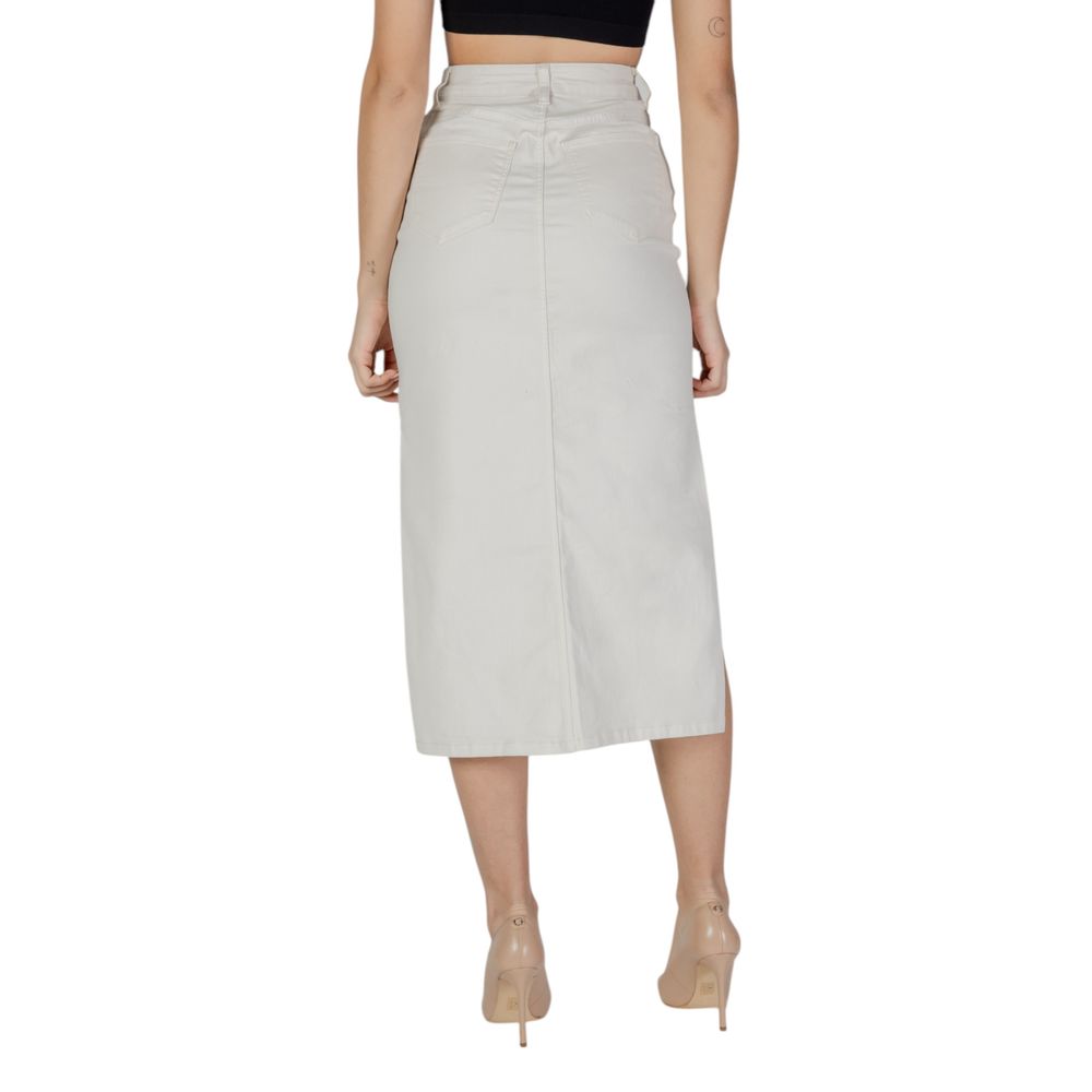 Skirt by Vila Clothes for women in stretch polyester cotton cream features a sublime silhouette, showcasing the sublime design of the Women's Midi Long Straight High-Rise Stretch Polyester Cotton Skirt in a sophisticated midi long.