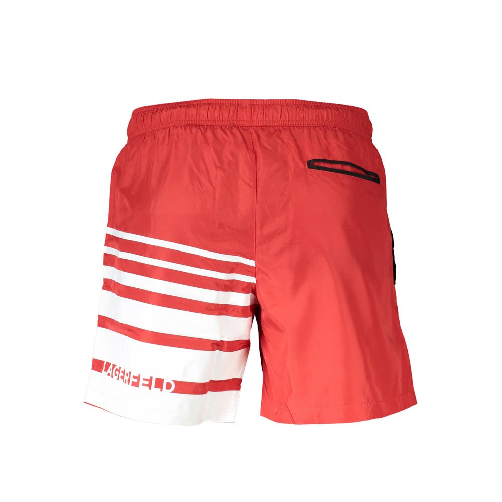 Swim Shorts by Karl Lagerfeld for men in polyester and red & print showcases a sinuous silhouette, expertly cut for a sinuous fit as part of the Men's Polyester Swim Shorts collection.