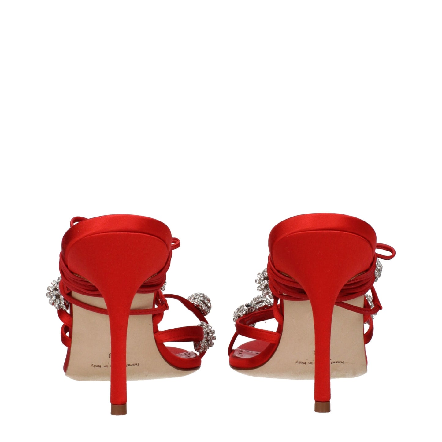Stiletto Sandals by Manolo Blahnik for women in satin & rhinestone and red presents a captivating silhouette, showcasing the signature style of the Women's Satin & Rhinestone Stiletto Sandals with a captivating stiletto and captivating .