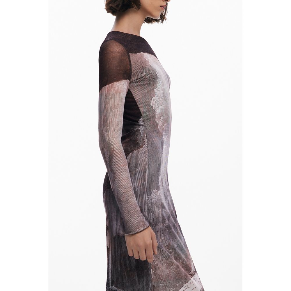 Desigual Women's Long-Sleeve Round Neck Stretch Viscose Polyester Midi Long Dress - Brown Patterned Print