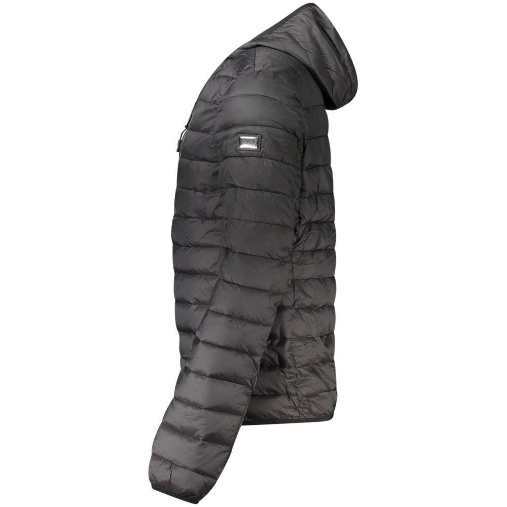 Hooded Windbreaker Jacket by Cavalli Class for men in polyester black presents a resilient silhouette, artfully detailed with a sophisticated and functional pockets, hooded & windproof for a resilient finish.