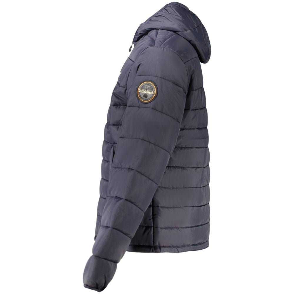 Hooded Windbreaker Jacket by Napapijri for men in polyamide blue & print presents a resilient silhouette, artfully detailed with a sophisticated and functional pockets, hooded & windproof for a resilient finish.