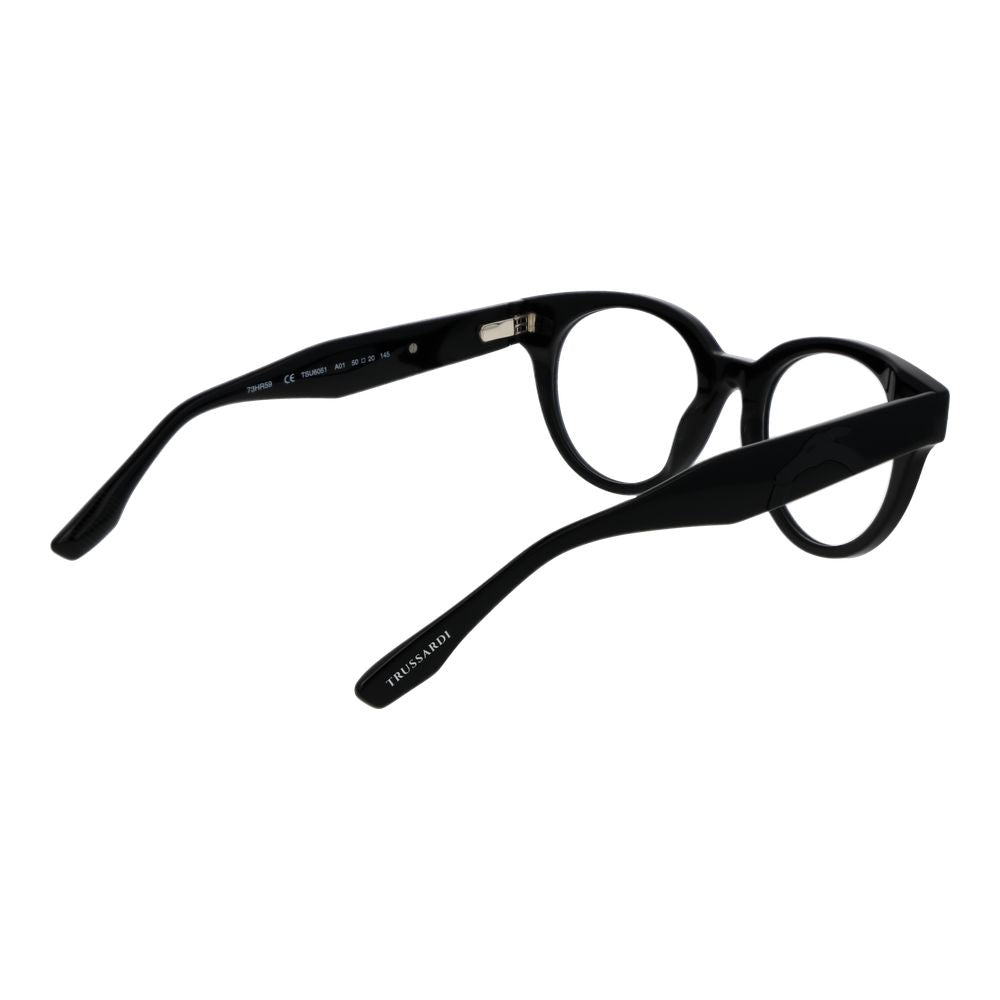 Eyeglasses Frames by Trussardi for unisex in acetate black features a refined silhouette, showcasing a refined black coloured frame and full-frame frame design for a sophisticated, premium look.