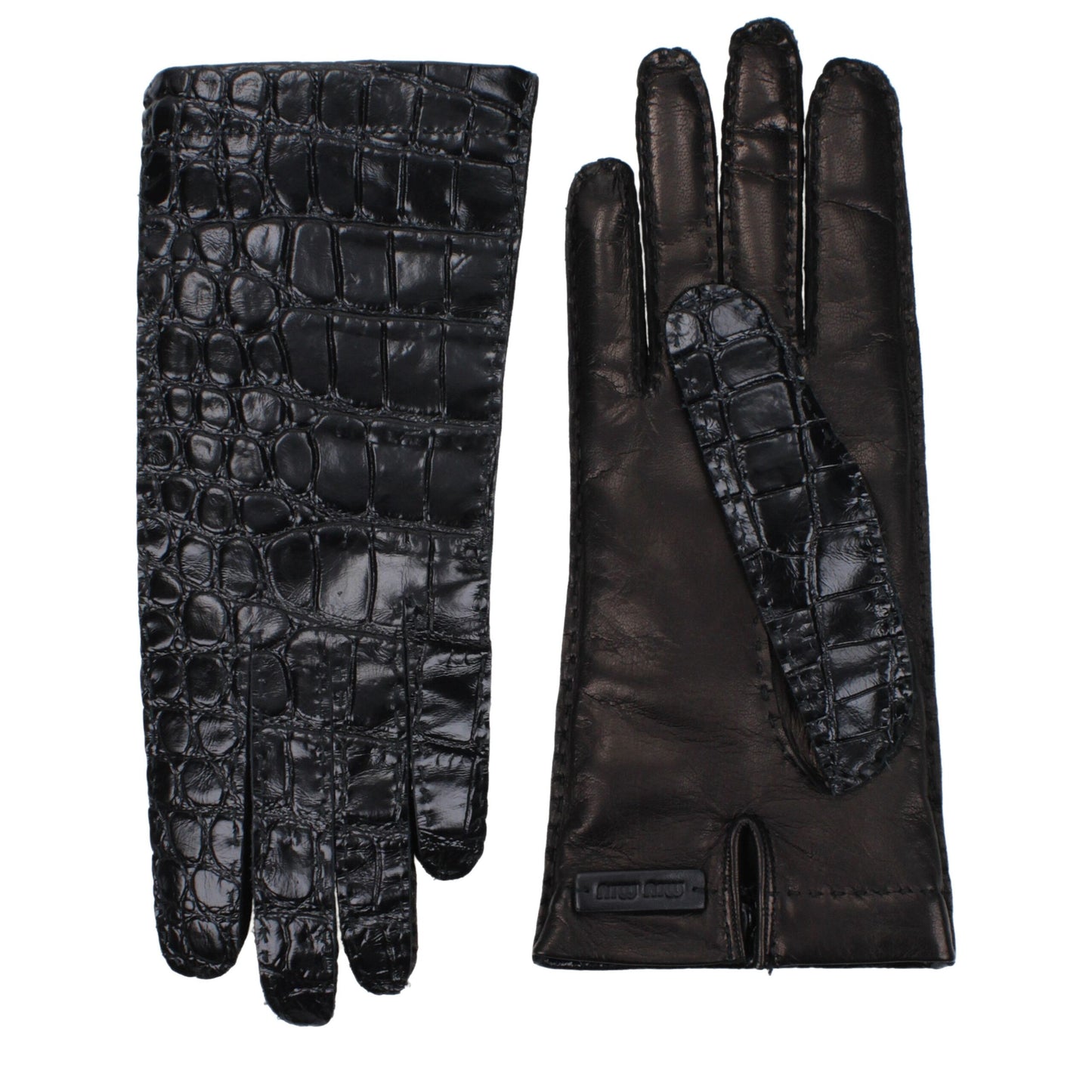 Gloves by Miu Miu for women in leather black presents a refined silhouette, showcasing the refined gloves design with functional for a premium look.