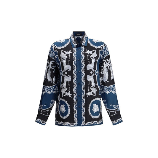 Shirt by Versace for men in silk twill blue, patterned & print showcases a sublime silhouette, artfully detailed with a sublime and long-sleeve for a sophisticated, sublime finish.