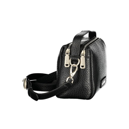 Handbag by Mario Valentino for women in polyurethane black features a signature silhouette, showcasing a secure zipper and signature built-in-compartments & internal-pockets with versatile shoulder-strap, handle & adjustable-strap for a sophisticated look.