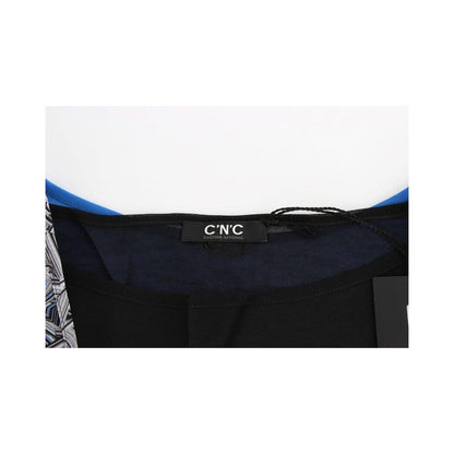 Activewear T-Shirt by Costume National for women in silk & polyester black & blue features an athletic silhouette with sleeves and a neckline, enhanced by high-performance .