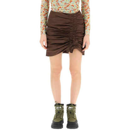 Skirt by Ganni for women in acetate & nylon brown features a contoured silhouette from the Women's Acetate & Nylon Skirt collection, characterized by its contoured mini for a contoured finish.