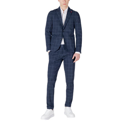 Pant Suit by Mulish for men in stretch cotton & leather blue showcases a sartorial silhouette, artfully detailed with a sophisticated and a sartorial for a refined, high-fashion aesthetic.