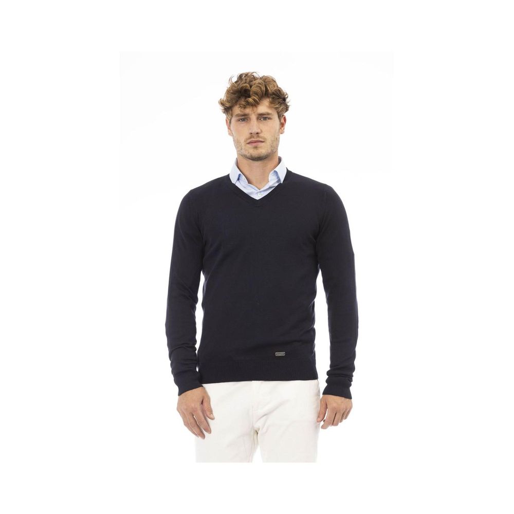 Sweatshirt by Baldinini Trend for men in cashmere & modal blue & monogram features an provocated silhouette, detailed with a provocated long-sleeve and a refined for a sophisticated aesthetic.