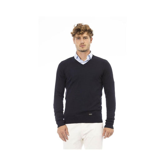 Sweatshirt by Baldinini Trend for men in cashmere & modal blue & monogram features an provocated silhouette, detailed with a provocated long-sleeve and a refined for a sophisticated aesthetic.