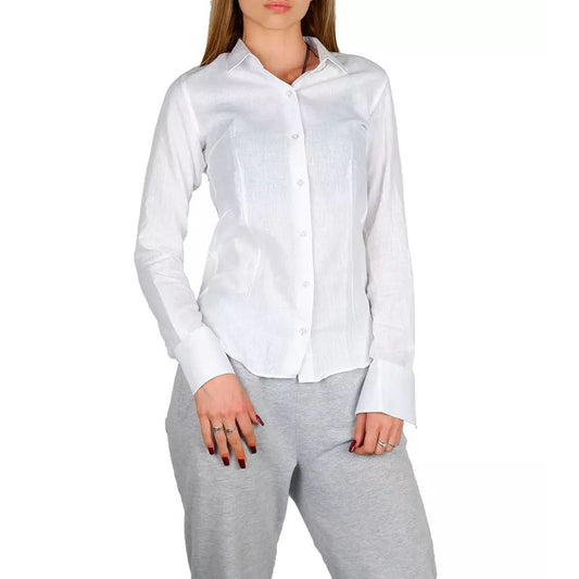 Dress Shirt by Made in Italy for women in cotton & linen white showcases a sublime silhouette, artfully detailed with a sublime and long-sleeve for a sophisticated, sublime finish.