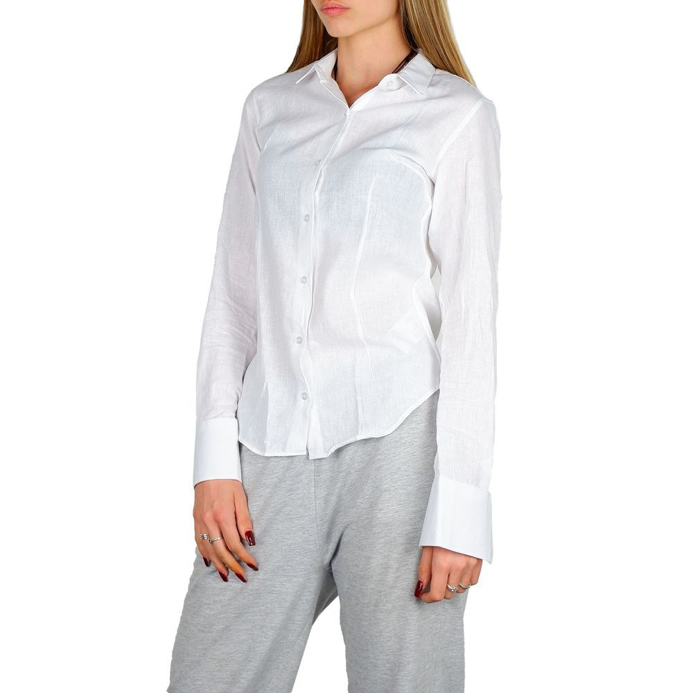 Dress Shirt by Made in Italy for women in cotton & linen white features an architectural silhouette with a refined and elegant for a architectural look.