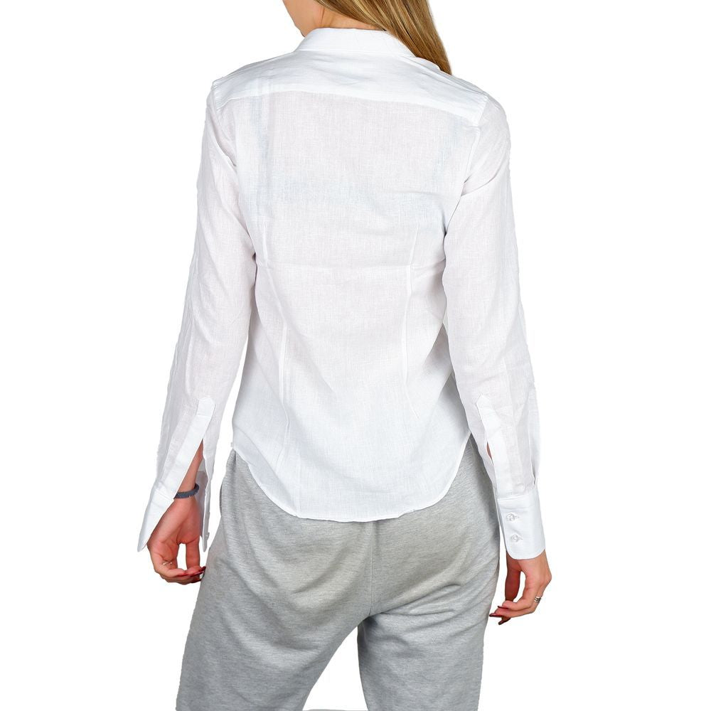Dress Shirt by Made in Italy for women in cotton & linen white features an polished silhouette, showcasing a sophisticated and detail for a truly polished finish.