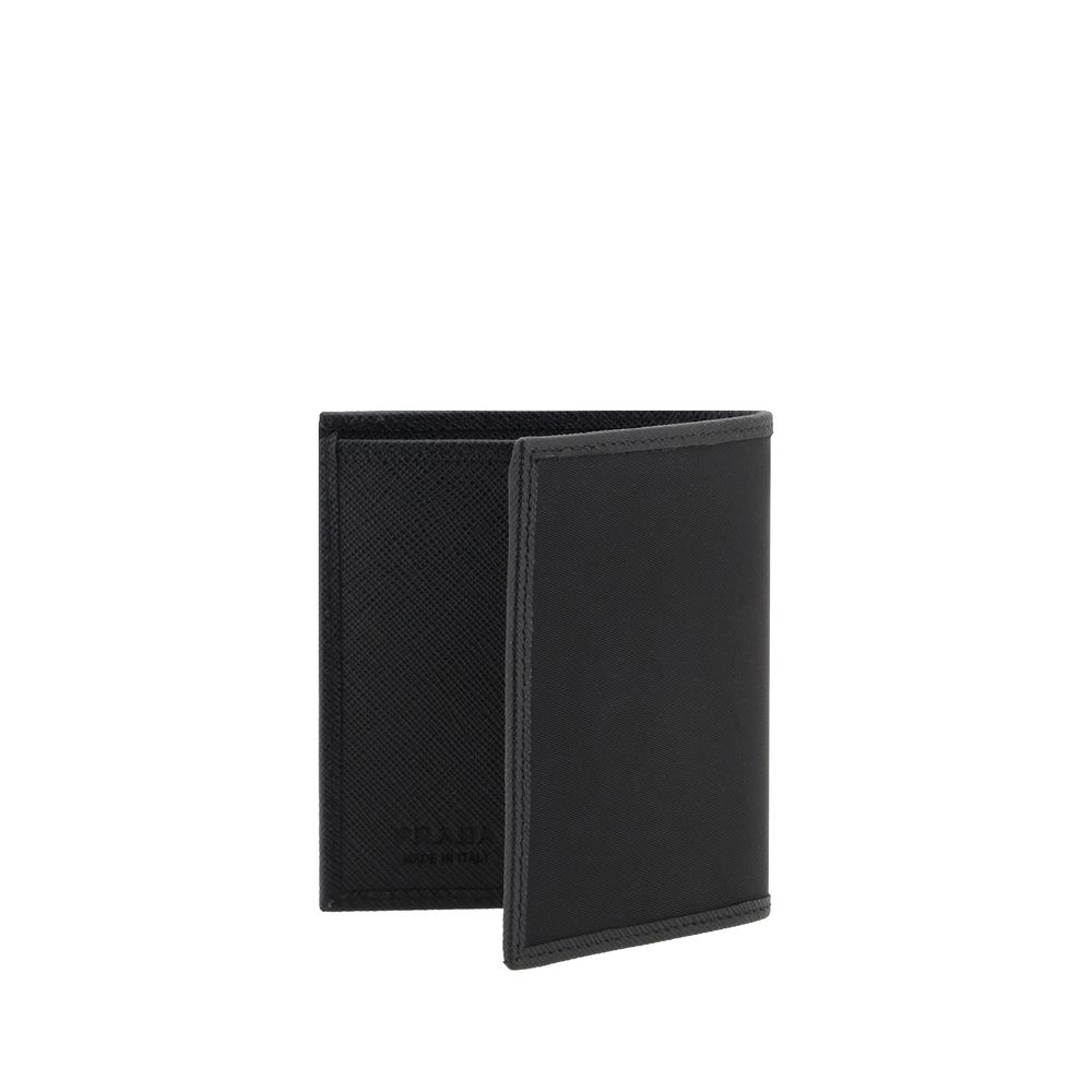 Cardholder Wallet by Prada for men in nylon leather black & monogram showcases a distinguished silhouette, artfully capturing the essence of the distinguished Nylon Leather Cardholder Wallet design with functional card-organization compact-design bifold.