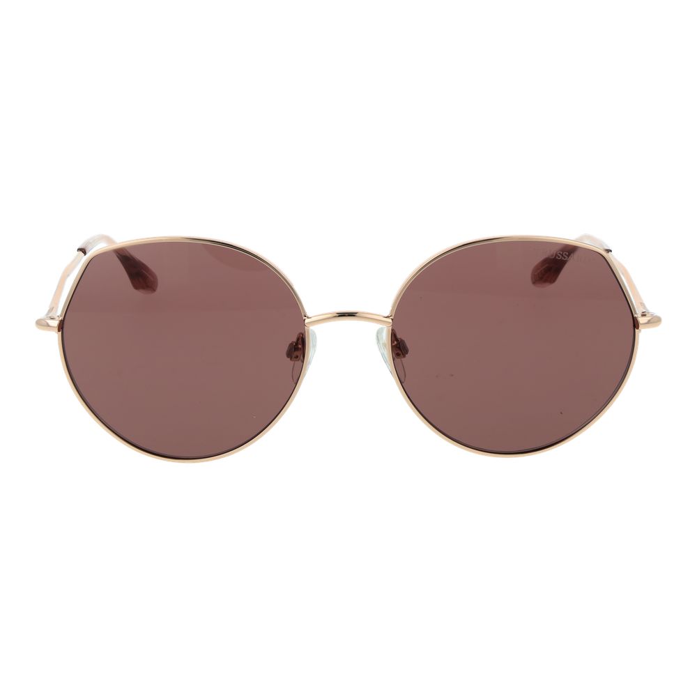 Sunglasses by Trussardi for women in metal gold features an lustrous full-rim panto frame design with gold coloured frame detailing and non-polarized category-3-dark-tint lens for a lustrous aesthetic.