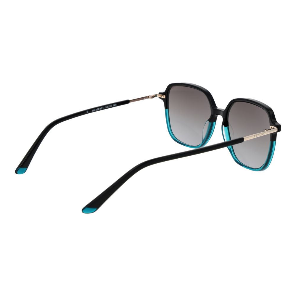 Sunglasses by Replay for women in plastic and black featuring an opulent full-rim square frame design with a sophisticated black coloured frame finish and high-performance gradient category-2-medium-tint lens.