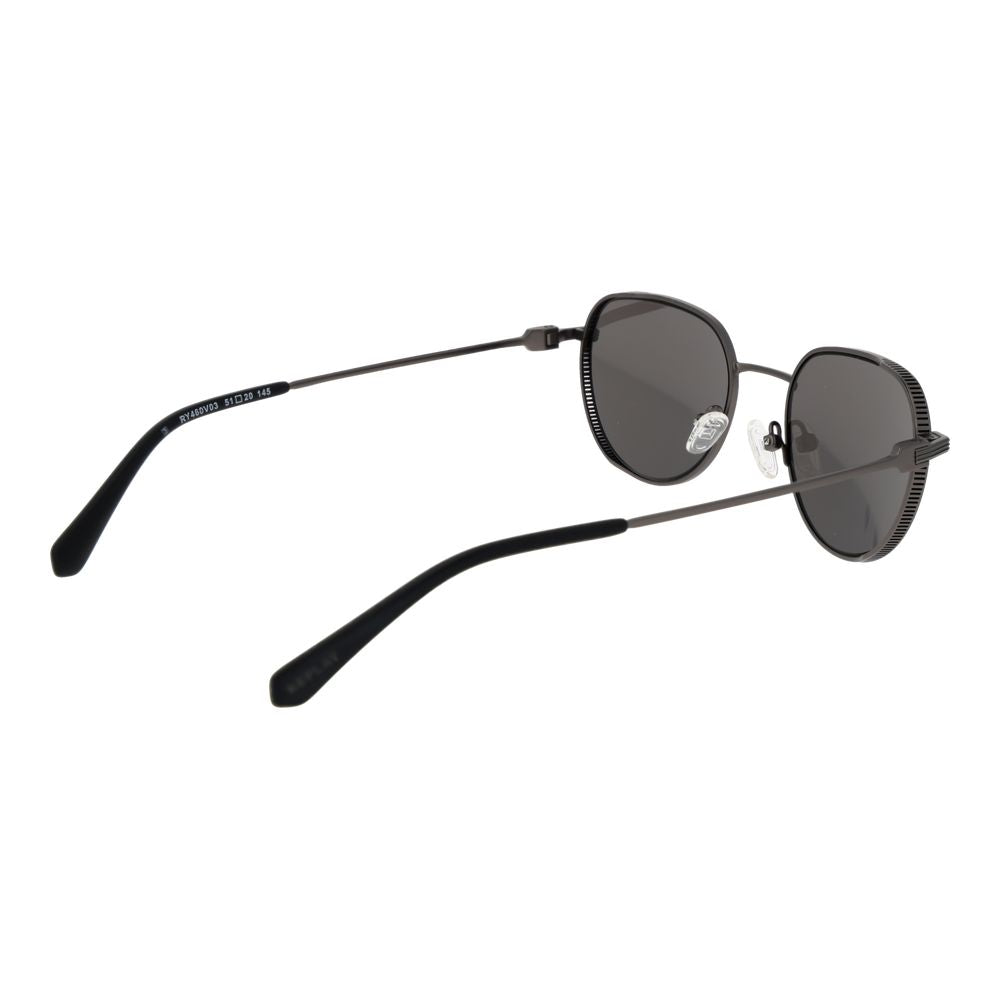 Sunglasses by Replay for men in metal gray features a sumptuous silhouette, showcasing a sumptuous full-rim panto frame design in gunmetal coloured frame with high-performance non-polarized category-3-dark-tint lens.