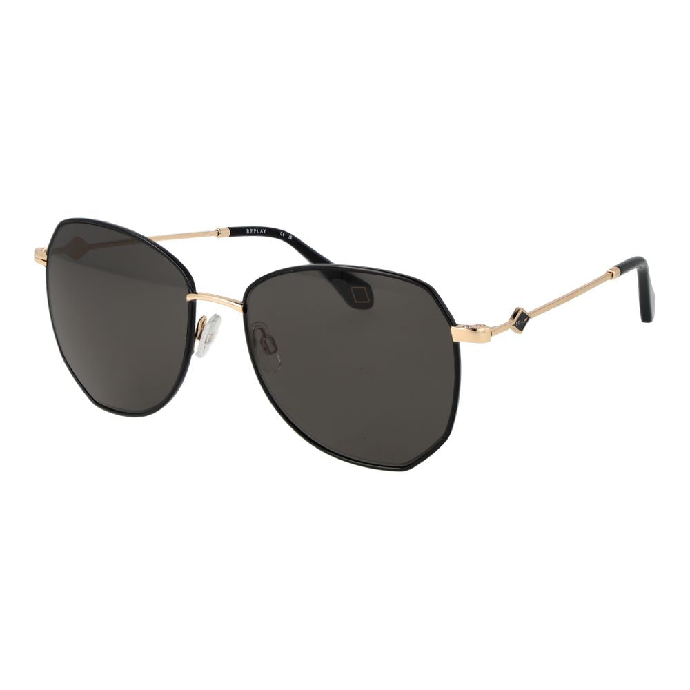 Sunglasses by Replay for women in metal black features an ethereal butterfly full-rim frame design with black coloured frame frames and non-polarized category-3-dark-tint lens for a ethereal finish.