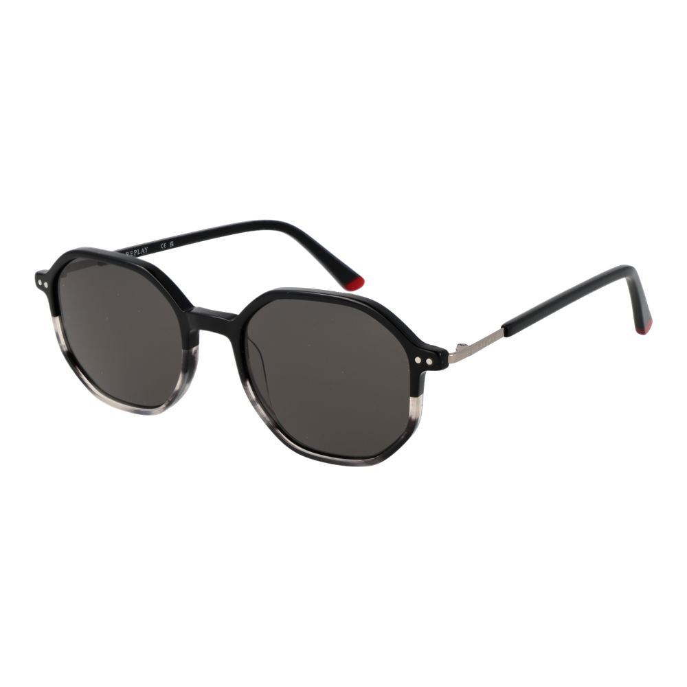 Sunglasses by Replay for unisex in plastic black features an lustrous full-rim panto frame design with black coloured frame detailing and non-polarized category-3-dark-tint lens for a lustrous aesthetic.