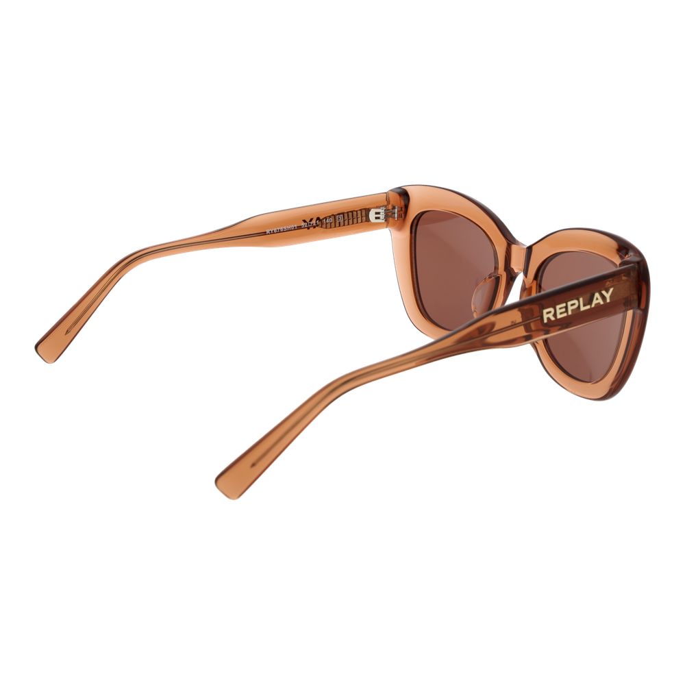 Sunglasses by Replay for women in plastic beige features an ethereal full-rim cat-eye frame design with beige coloured frame frames and non-polarized category-3-dark-tint lens for a ethereal finish.