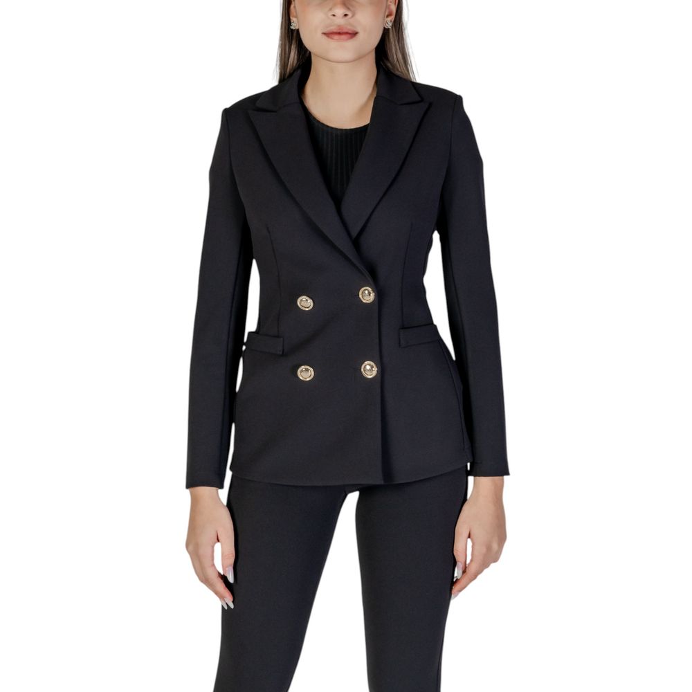 Blazer by Rinascimento for women in stretch polyester black & patterned showcases a polished silhouette, highlighted by a refined lapel neckline and polished for a sophisticated finish.