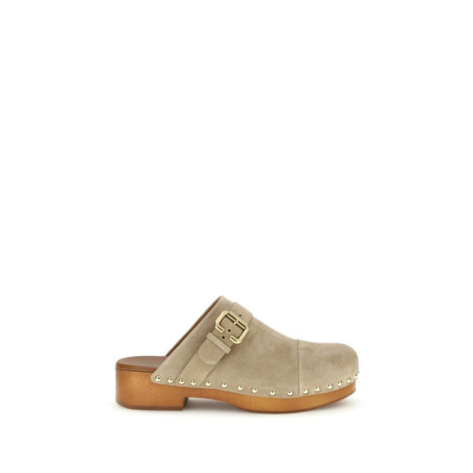 Clogs Mules Flat Shoes by Chloé for women in bos taurus suede calfskin leather beige, gold & natural presents a impeccable silhouette as Paddington Women's Bos Taurus Suede Calfskin Leather Clogs Mules Flat Shoes, artfully designed with a and a impeccable for a refined, upscale finish.