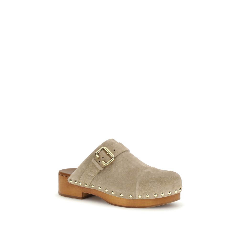 Clogs Mules Flat Shoes by Chloé for women in bos taurus suede calfskin leather beige, gold & natural showcases a resplendent Paddington Women's Bos Taurus Suede Calfskin Leather Clogs Mules Flat Shoes aesthetic with a and .