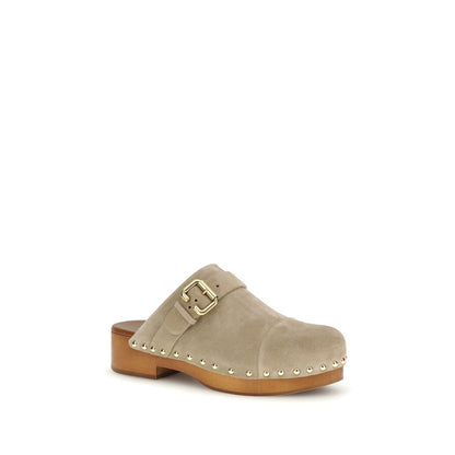 Clogs Mules Flat Shoes by Chloé for women in bos taurus suede calfskin leather beige, gold & natural showcases a resplendent Paddington Women's Bos Taurus Suede Calfskin Leather Clogs Mules Flat Shoes aesthetic with a and .