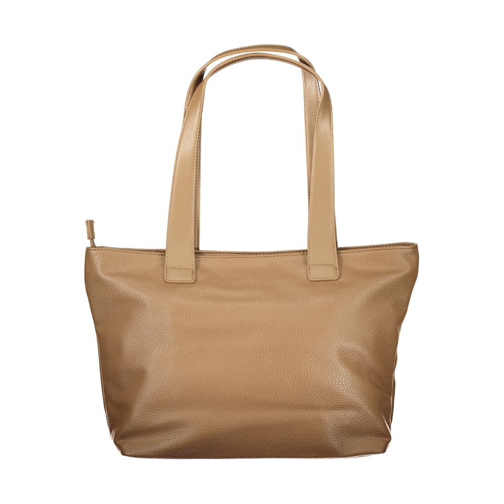 This Shoulder Handbag by Mario Valentino for women in polyurethane and brown presents a sculptural silhouette featuring a secure zipper, ample internal-pockets, and versatile shoulder-strap & handle for a sculptural finish.