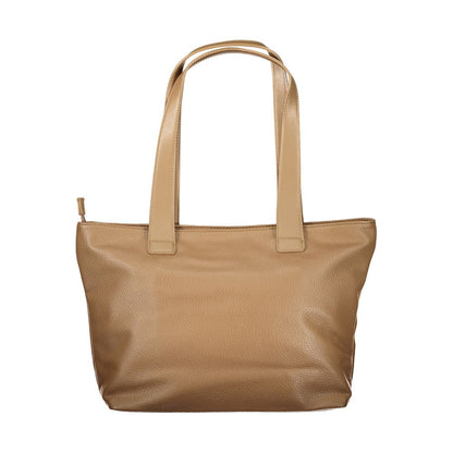 This Shoulder Handbag by Mario Valentino for women in polyurethane and brown presents a sculptural silhouette featuring a secure zipper, ample internal-pockets, and versatile shoulder-strap & handle for a sculptural finish.