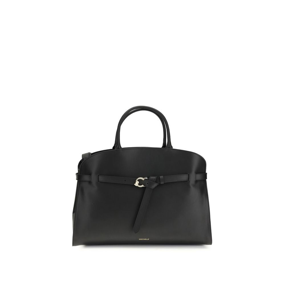 Large Handbag by Coccinelle for women in bos taurus calf leather black & gold features a signature silhouette, showcasing a secure magnetic & buckle and signature with versatile shoulder-strap, adjustable-strap & belt-strap for a sophisticated look.