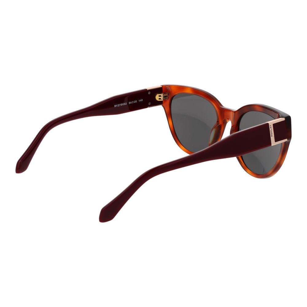 Sunglasses by Replay for women in plastic brown features a sumptuous silhouette, showcasing a sumptuous full-rim cat-eye frame design in brown coloured frame with high-performance non-polarized category-3-dark-tint lens.