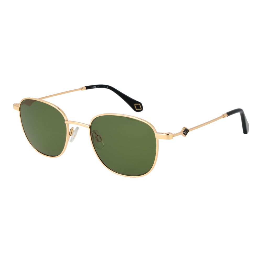 Sunglasses by Replay for unisex in metal gold features an lustrous full-rim oval frame design with gold coloured frame detailing and non-polarized category-3-dark-tint lens for a lustrous aesthetic.