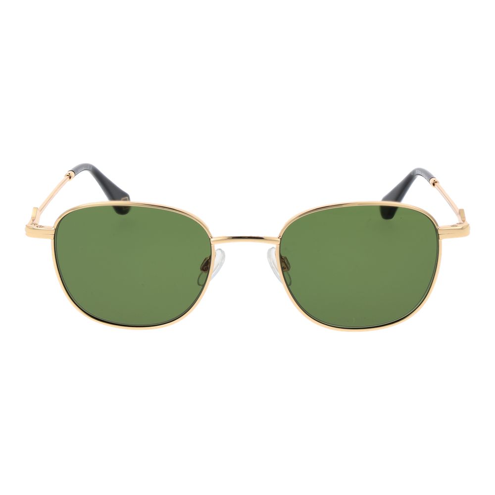 Sunglasses by Replay for unisex in metal gold features an lustrous full-rim oval frame design with gold coloured frame detailing and non-polarized category-3-dark-tint lens for a lustrous aesthetic.