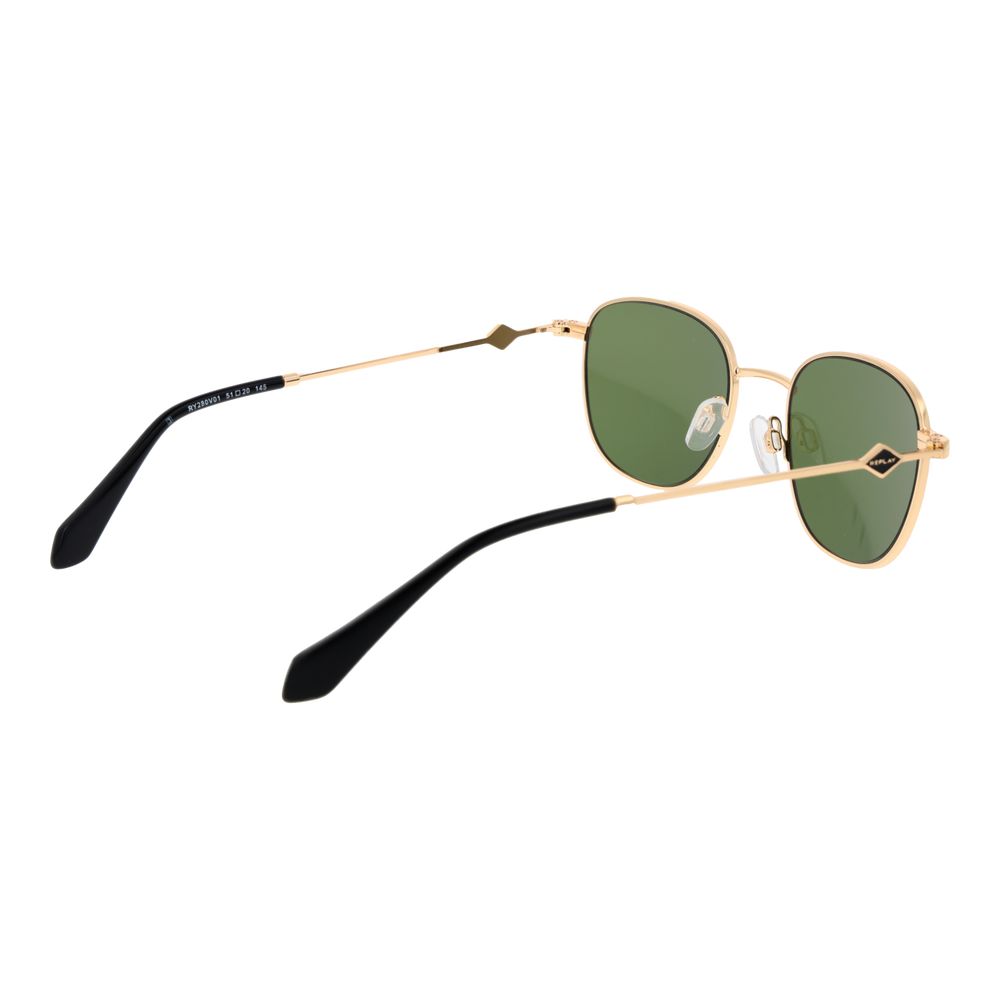 Sunglasses by Replay for unisex in metal gold showcases a ethereal silhouette, featuring gold coloured frame full-rim oval frame design with non-polarized category-3-dark-tint lens for a ethereal finish.