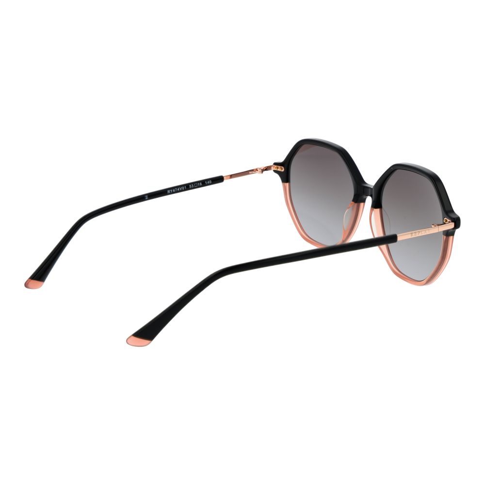 This Sunglasses by Replay for women in plastic black presents a sumptuous silhouette, showcasing a sumptuous full-rim panto frame design in black coloured frame and high-performance gradient category-2-medium-tint lens.